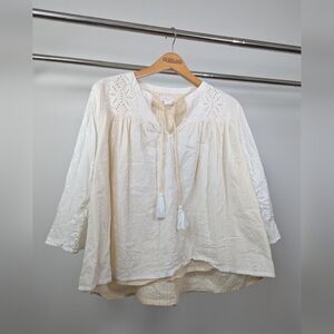 Shabby Chic Ivory Eyelet Cotton Top with Tassel Tie & Gathered Yoke – Size Large